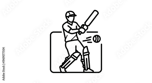 Dynamic black and white outline vector depicting a cricket batsman hitting a fast-moving ball with
