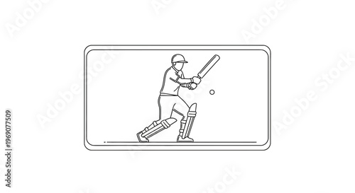 Dynamic line art illustration of a cricket player skillfully hitting a ball during a game,