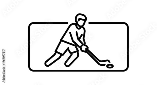 Dynamic line art illustration of a hockey player actively engaging with a puck, a versatile sports