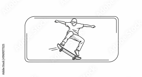 Dynamic line art illustration of a skateboarder executing an impressive ollie trick, showcasing