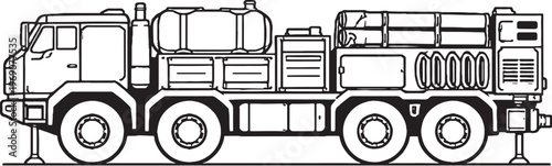 Rocket Support Vehicle Black White Vector Line Art Military Supply Truck Side View
