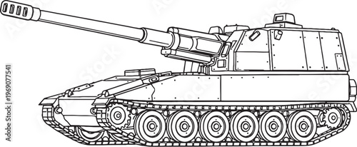 Self propelled artillery armored vehicle cannon black and white vector line art illustration