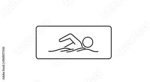 Minimalist line art icon representing a swimmer doing a front crawl stroke in water, dynamic