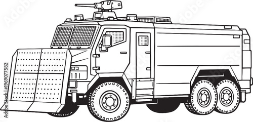 Riot Control Armored Vehicle Police Defense Truck Line Art Vector Illustration