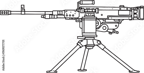 Mounted machine gun with tripod military weapon black and white vector line art illustration