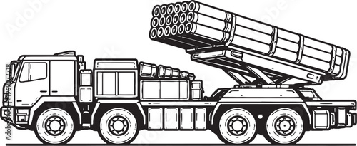 Multiple Launch Rocket Vehicle Black White Vector Line Art MLRS Military Truck Side View