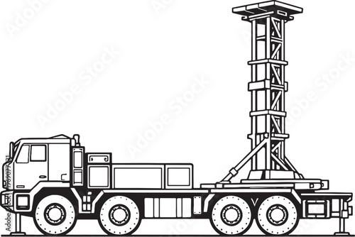 Mobile Launch Platform Vehicle Black White Vector Line Art Missile Launcher Truck Side View