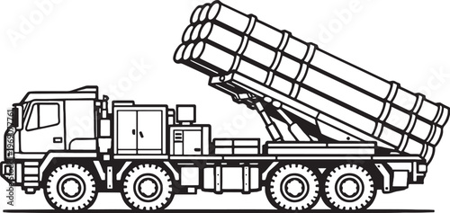 Mobile Missile Launcher Truck Black White Vector Line Art Military Vehicle Side View