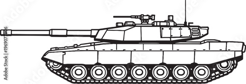 Main battle tank vector line art military armored vehicle side view isolated white background