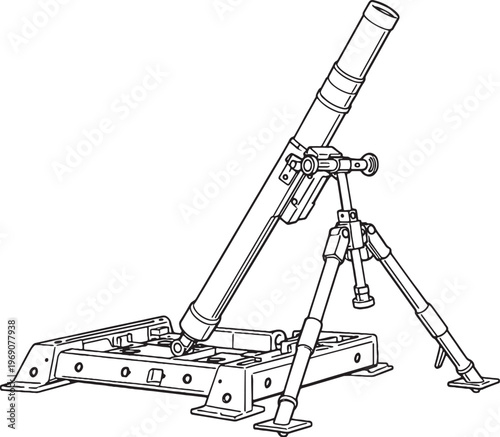 Heavy mortar system military weapon reinforced base black and white vector line art illustration