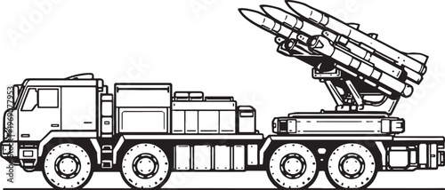Guided Missile Vehicle Black White Vector Line Art Military Launcher Truck Side View