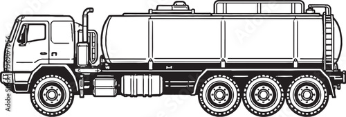 Fuel Tanker Military Truck Vector Line Art Side View Black White Illustration