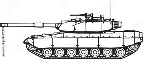 Heavy tank vector line art armored military vehicle side view isolated white background