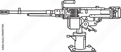 Heavy machine gun mounted military weapon black and white vector line art illustration