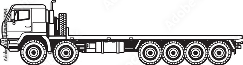 Heavy Duty Transport Vehicle Vector Line Art Side View Black White Illustration