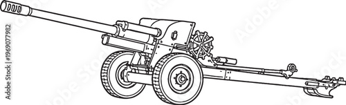 Field artillery gun military cannon wheeled carriage black and white vector line art illustration