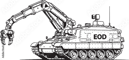 Explosive Ordnance Disposal Vehicle EOD Armored Robot Line Art Vector Illustration