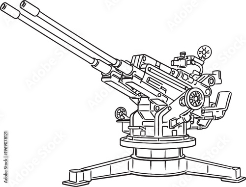 Anti aircraft gun defense weapon black and white vector line art illustration isolated