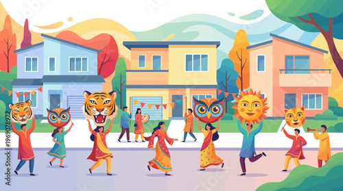 Vibrant Pohela Boishakh Street Parade with Traditional Masks