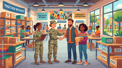 Military and Civilian Cooperation in Community Aid Center Illustration