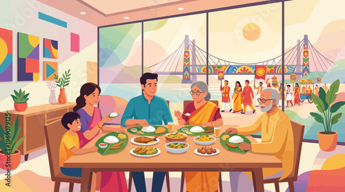 Multi-generational Indian Family Enjoying Traditional Meal Illustration