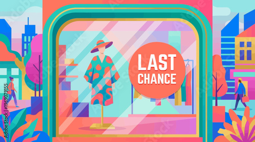 Vibrant Fashion Boutique Window with Last Chance Sale Sticker