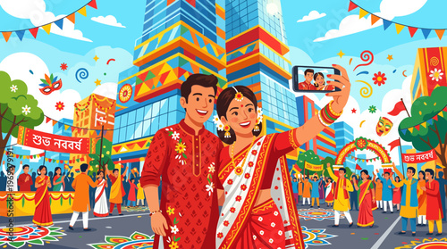 Bengali Couple Taking Selfie at Poila Baisakh New Year Celebration