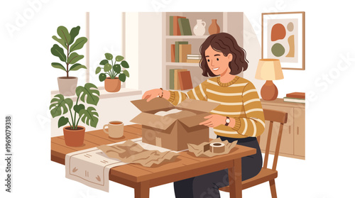 Young Woman Unboxing a Cardboard Package in a Cozy Home