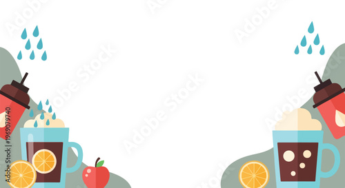 Two mugs of hot chocolate with cream, orange slices, and an apple are arranged symmetrically on a clean white background with blue rain drops.