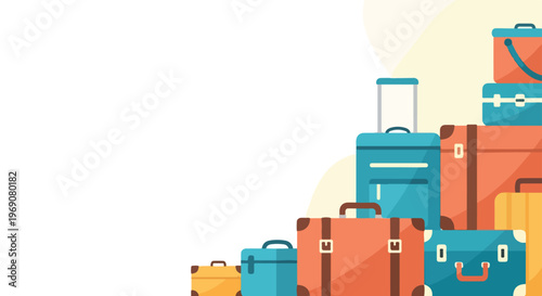 This vector graphic displays a neat stack of assorted vintage-style luggage, including suitcases and bags, against a clean white backdrop.