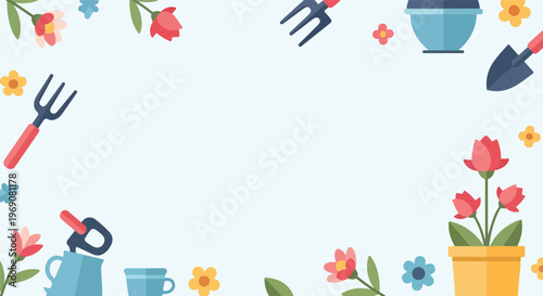 A colorful gardening-themed vector frame featuring flowers, hand tools, a watering can, and a potted plant around a central blank white space.