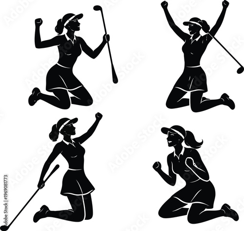 Golfing woman silhouette set, female golfer celebrating victory, black vector icons of lady athlete jumping in joy