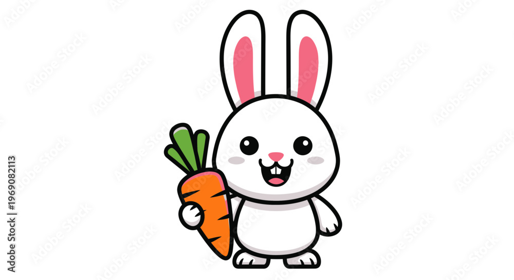 Obraz premium Cute cartoon rabbit holding a fresh carrot, isolated on white background