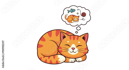 Happy Orange Cat Dreaming of Fish and Yarn Ball