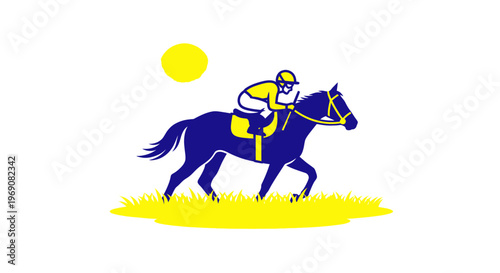 Jockey Riding Horse in Race, Sport, Flat Design, Vibrant Colors