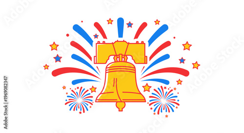 Liberty Bell with Fireworks and Stars, American Independence Celebration