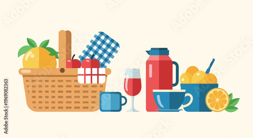 A charming flat vector image showcasing a picnic setup with a basket, fresh fruits, a red thermos, a wine glass, and blue tableware.