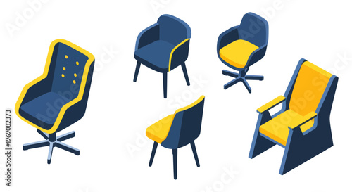 Modern Blue and Yellow Armchairs Collection - Isometric View