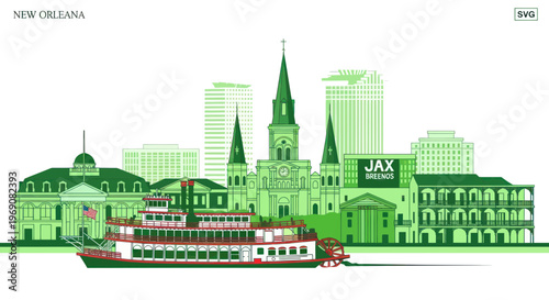 New Orleans Skyline with Steamboat Riverboat, French Quarter Architecture, Jax Brewery