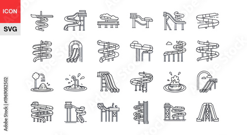 Water Slide Icons Set: Aqua Park Attractions, Summer Fun, Vector Graphics