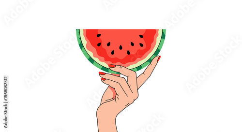Woman's Hand Holding Slice of Juicy Watermelon with Seeds Isolated on White Background