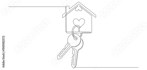 Continuous line drawing of a house key with a house shaped key ring 5.eps