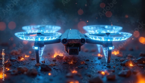Advanced drone with blue glowing propellers hovers above ground. Camera integrated into fuselage captures image. Lights emit energy and motion blur effects.