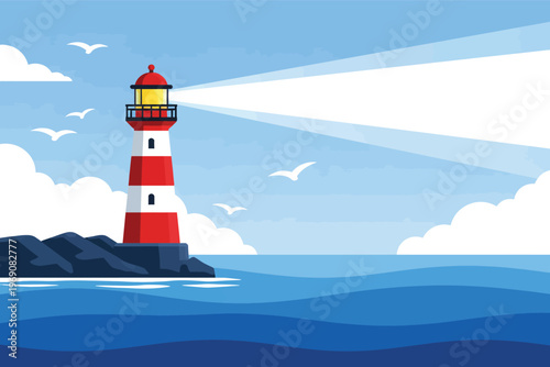Nautical lighthouse vector illustration, coastal beacon tower on rocks, red and white lighthouse with beam of light
