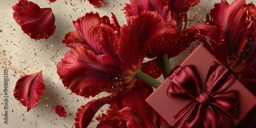 Red tulips and luxury present with glitter confetti, ideal romantic greeting card, anniversary, or holiday promotion