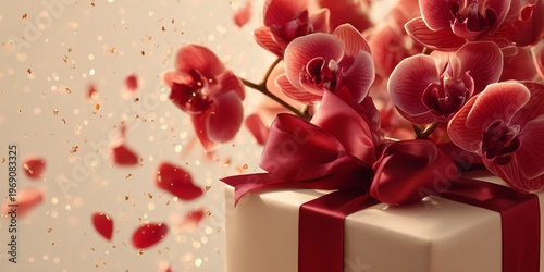 Festive gift box with pastel blossoms, perfect for 8 March ads, event invitations, and brand campaigns