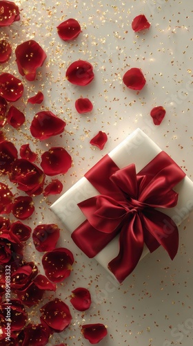 Red tulips and luxury present with glitter confetti, ideal romantic greeting card, anniversary, or holiday promotion