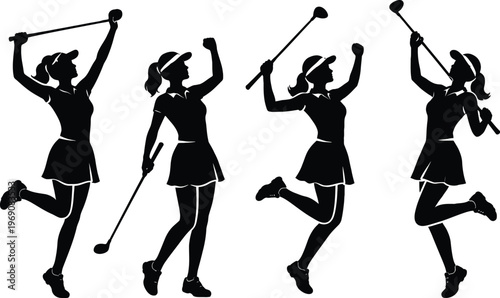 Female golfer silhouette set, black vector woman golf player celebrating, 4 athletic girl icons for sports branding