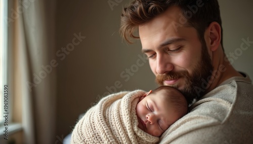 Young father with beard holds sleeping newborn baby. Man cradles infant in warm knit wrap. Loving dad embraces child close. Peaceful paternal bond, family affection, tender moment.