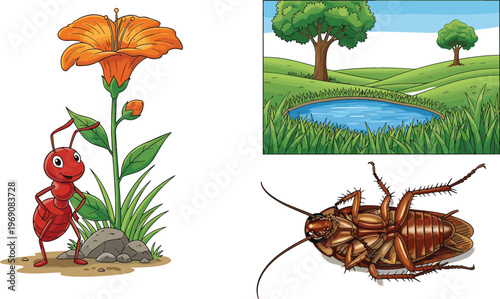 Vector illustration set with cartoon ant near flower plant, nature landscape pond scene, and cockroach insect drawing